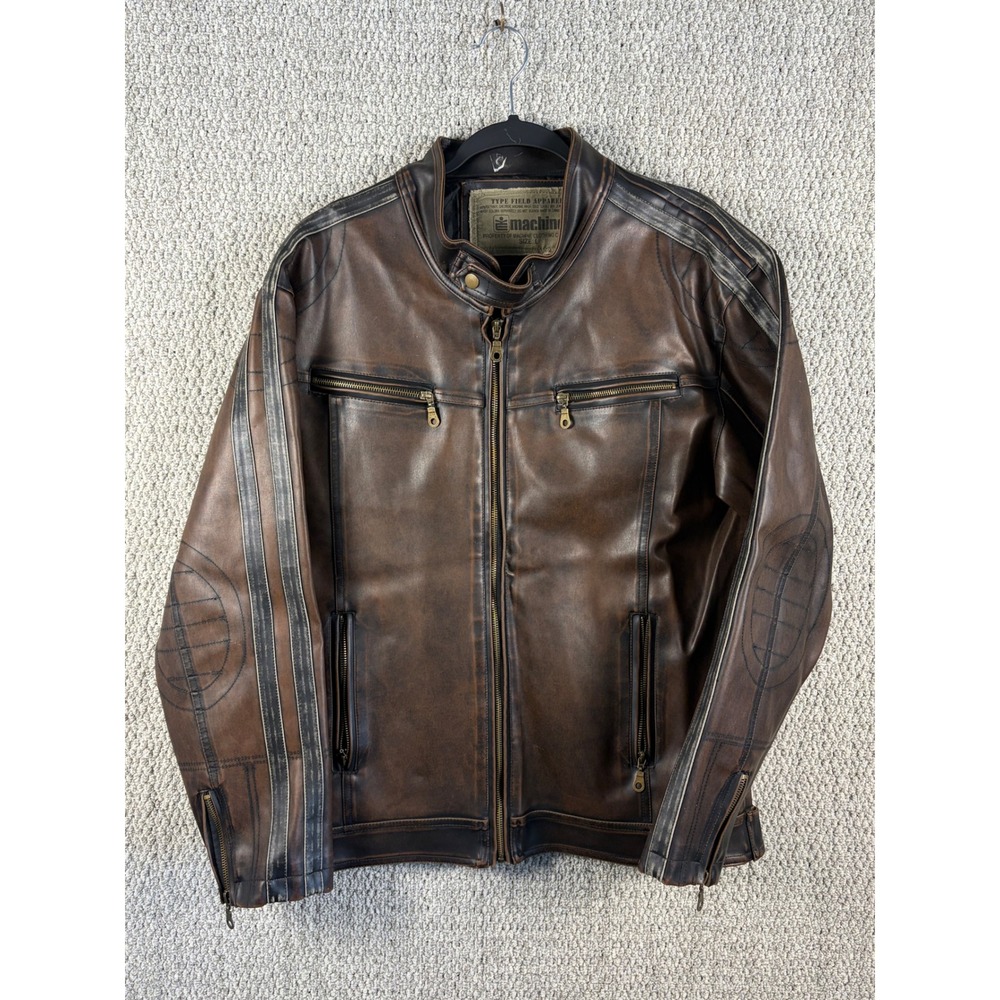 Machine Mens Faux Leather Cafe Racer Jacket Distressed Brown Large Type Field